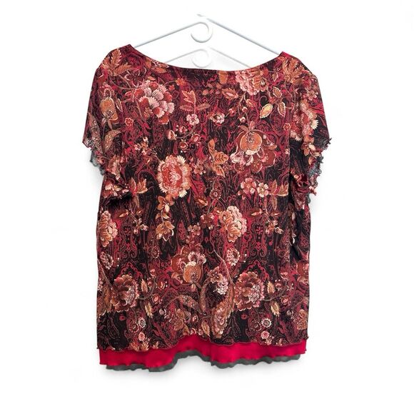 Vtg Y2K Self Esteem Babydoll Top Sz 2X Floral Sheer Red Boho Whimsy - Picture 2 of 5
